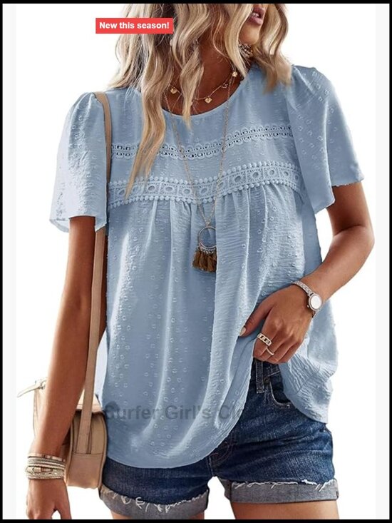 Tops - Crewneck Short Sleeve Chiffon Blouse Flowy Lace Hem Boho Tunic Top